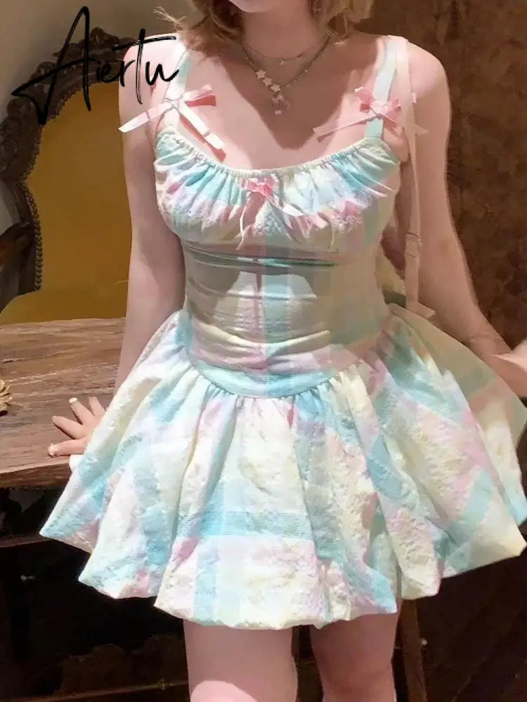 Aiertu Y2k Aesthetic Rainbow Contrast Color Plaid Vestidos   Sweet Bow Ball Gown Dress Summer Kawaii Fashion Women Dresses Aiertu