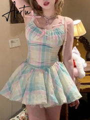 Aiertu Y2k Aesthetic Rainbow Contrast Color Plaid Vestidos   Sweet Bow Ball Gown Dress Summer Kawaii Fashion Women Dresses Aiertu