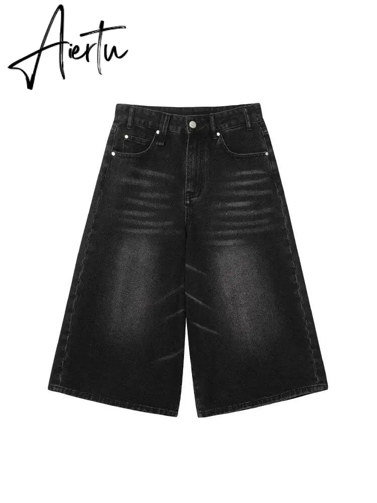 Aiertu Y2k Aesthetic Summer Casual Denim Shorts Women Vintage Seven Points Trousers Jeans 2024 Harajuku High Waist Wide Leg Pants Aiertu