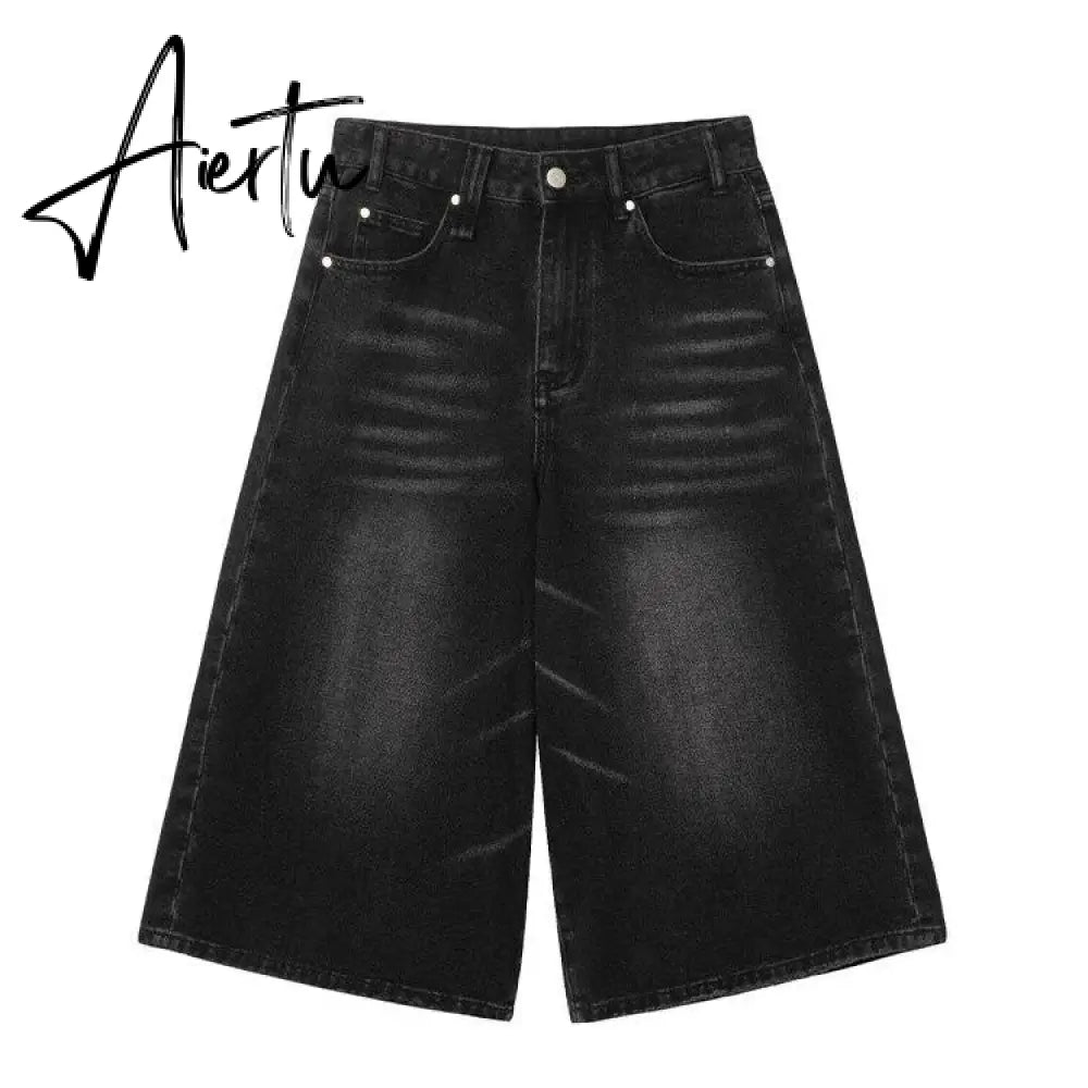 Aiertu Y2k Aesthetic Summer Casual Denim Shorts Women Vintage Seven Points Trousers Jeans 2024 Harajuku High Waist Wide Leg Pants Aiertu