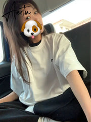 Aiertu  Y2k Aesthetic Summer White T-shirts Harajuku Short Sleeve Loose Oversize Tops Women Cartoon Letter Print All Match Casual Tees Aiertu