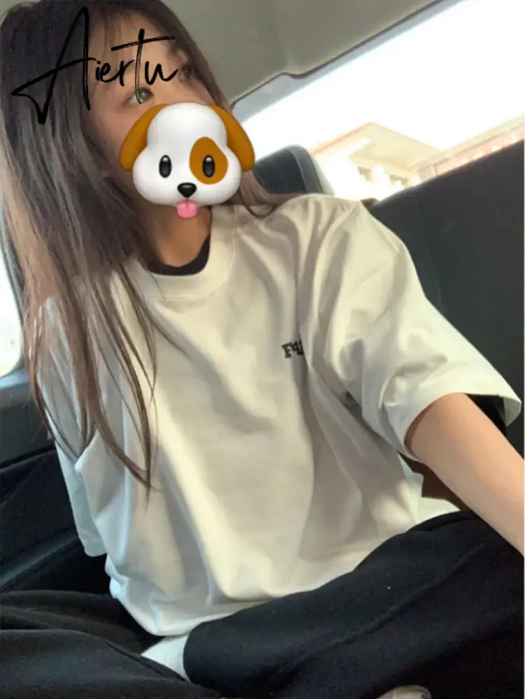 Aiertu  Y2k Aesthetic Summer White T-shirts Harajuku Short Sleeve Loose Oversize Tops Women Cartoon Letter Print All Match Casual Tees Aiertu