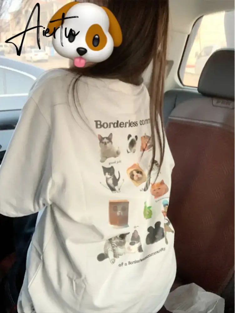 Aiertu  Y2k Aesthetic Summer White T-shirts Harajuku Short Sleeve Loose Oversize Tops Women Cartoon Letter Print All Match Casual Tees Aiertu