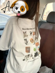 Aiertu  Y2k Aesthetic Summer White T-shirts Harajuku Short Sleeve Loose Oversize Tops Women Cartoon Letter Print All Match Casual Tees Aiertu