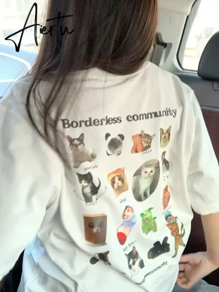 Aiertu  Y2k Aesthetic Summer White T-shirts Harajuku Short Sleeve Loose Oversize Tops Women Cartoon Letter Print All Match Casual Tees Aiertu
