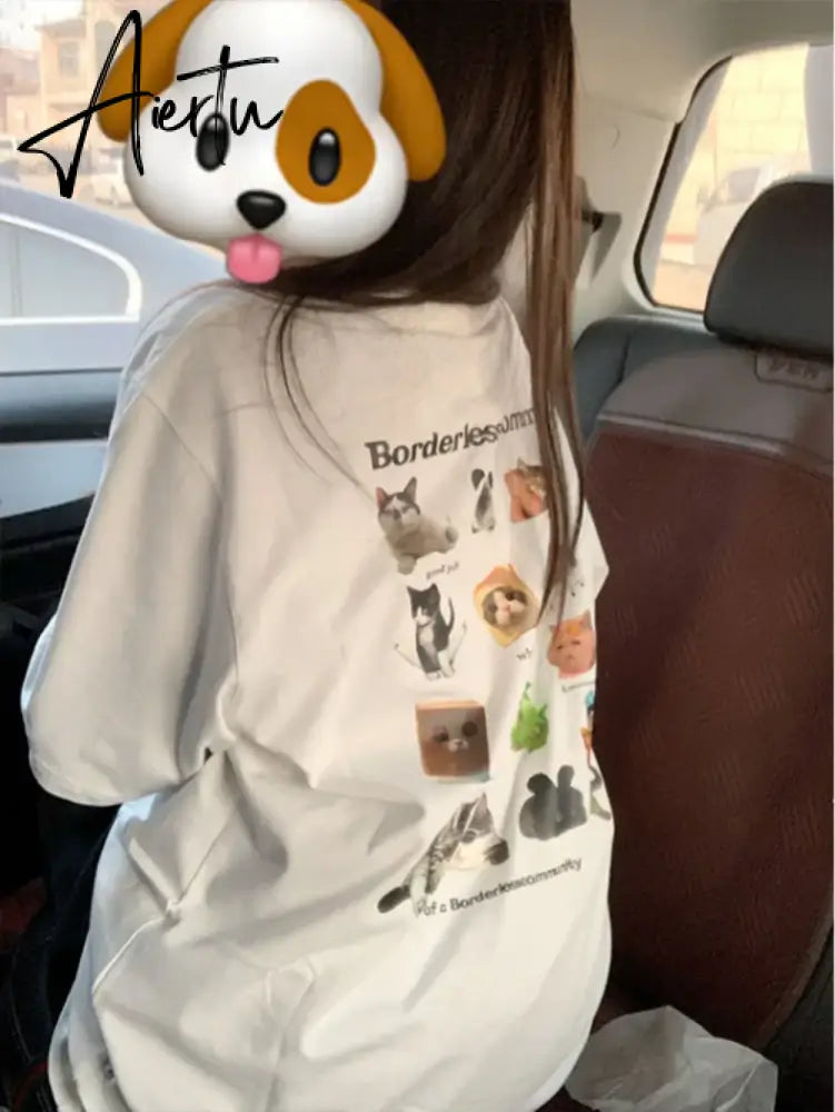 Aiertu  Y2k Aesthetic Summer White T-shirts Harajuku Short Sleeve Loose Oversize Tops Women Cartoon Letter Print All Match Casual Tees Aiertu