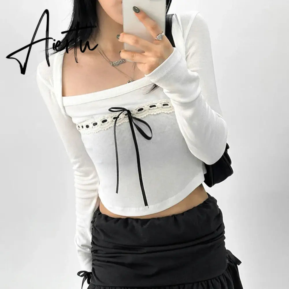 Aiertu  y2k Bow Square Collar T Shirt White Full Sleeve Cute Sweet Crop Top Harajuku Korean Chic Pullovers 2000s Autumn Winter Aiertu