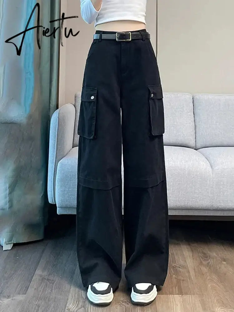 Aiertu Y2K Cargo Jeans Denim Pants Women Green Wide Leg Cargo Trousers Female Korean Streerwear Hip Hop Pockets Casual Retro Aiertu