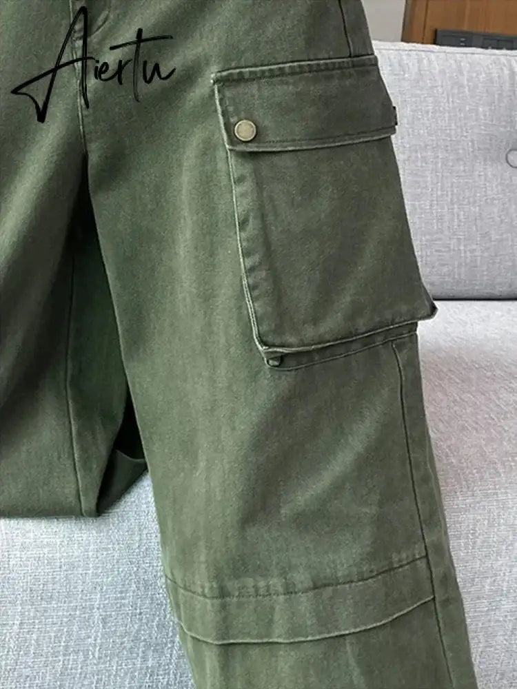 Aiertu Y2K Cargo Jeans Denim Pants Women Green Wide Leg Cargo Trousers Female Korean Streerwear Hip Hop Pockets Casual Retro Aiertu