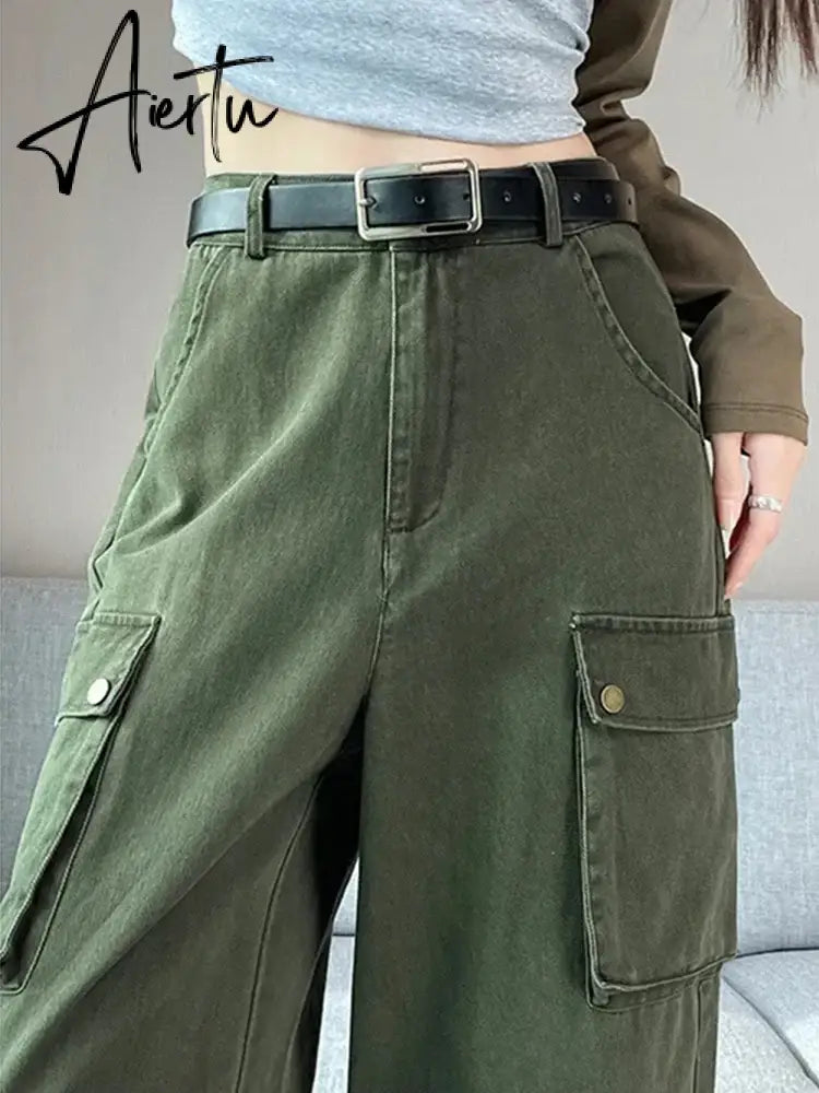 Aiertu Y2K Cargo Jeans Denim Pants Women Green Wide Leg Cargo Trousers Female Korean Streerwear Hip Hop Pockets Casual Retro Aiertu