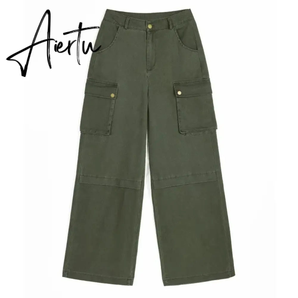 Aiertu Y2K Cargo Jeans Denim Pants Women Green Wide Leg Cargo Trousers Female Korean Streerwear Hip Hop Pockets Casual Retro Aiertu