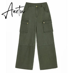 Aiertu Y2K Cargo Jeans Denim Pants Women Green Wide Leg Cargo Trousers Female Korean Streerwear Hip Hop Pockets Casual Retro Aiertu
