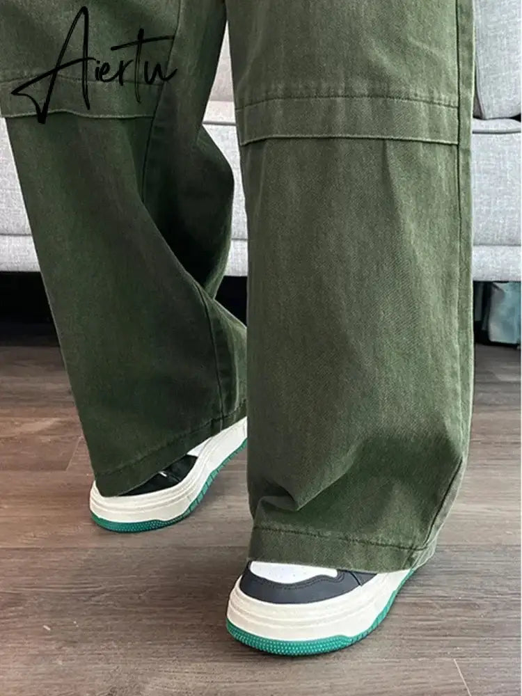 Aiertu Y2K Cargo Jeans Denim Pants Women Green Wide Leg Cargo Trousers Female Korean Streerwear Hip Hop Pockets Casual Retro Aiertu