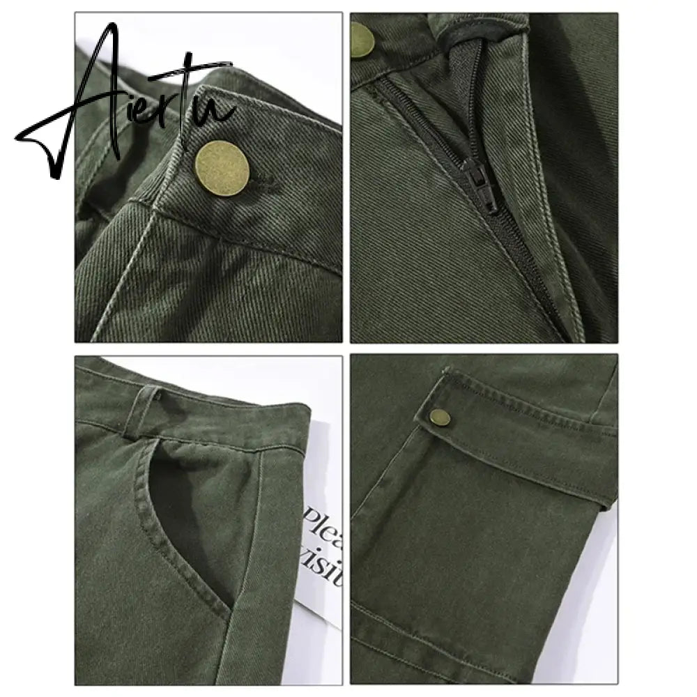 Aiertu Y2K Cargo Jeans Denim Pants Women Green Wide Leg Cargo Trousers Female Korean Streerwear Hip Hop Pockets Casual Retro Aiertu