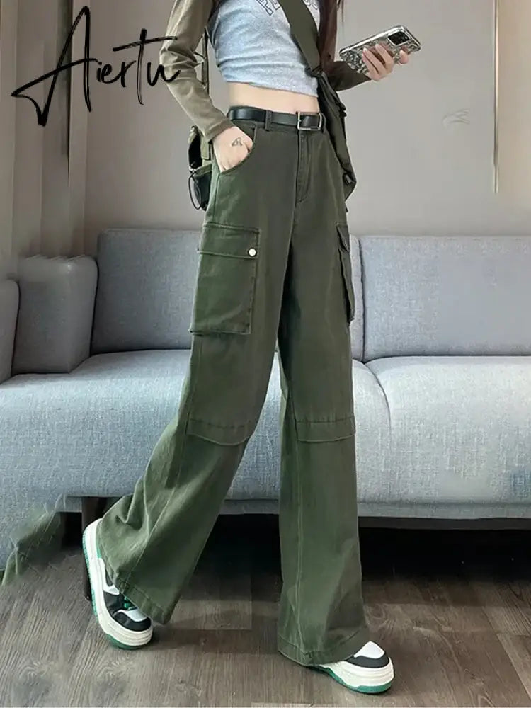 Aiertu Y2K Cargo Jeans Denim Pants Women Green Wide Leg Cargo Trousers Female Korean Streerwear Hip Hop Pockets Casual Retro Aiertu