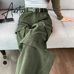 Aiertu Y2K Cargo Jeans Denim Pants Women Green Wide Leg Cargo Trousers Female Korean Streerwear Hip Hop Pockets Casual Retro Aiertu