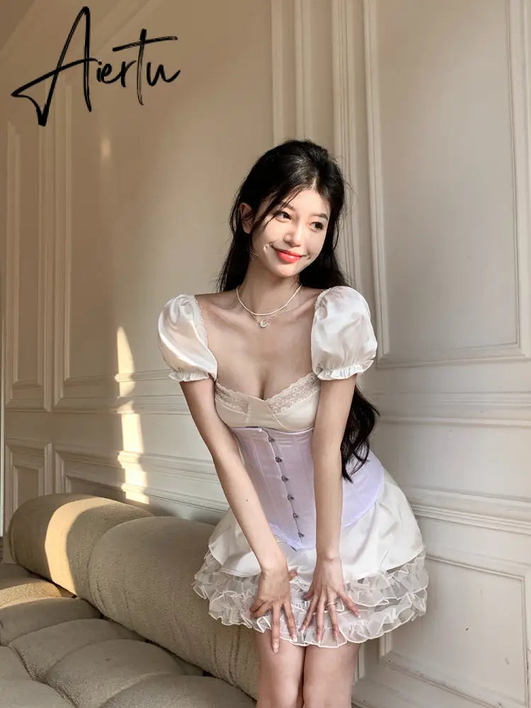 Aiertu  Y2k Dresses Korean Fashion Square Collar Short Puff Sleeve High Waist Slim Sexy Dress Elegant Patchwork Cake Vestido Feminino Aiertu