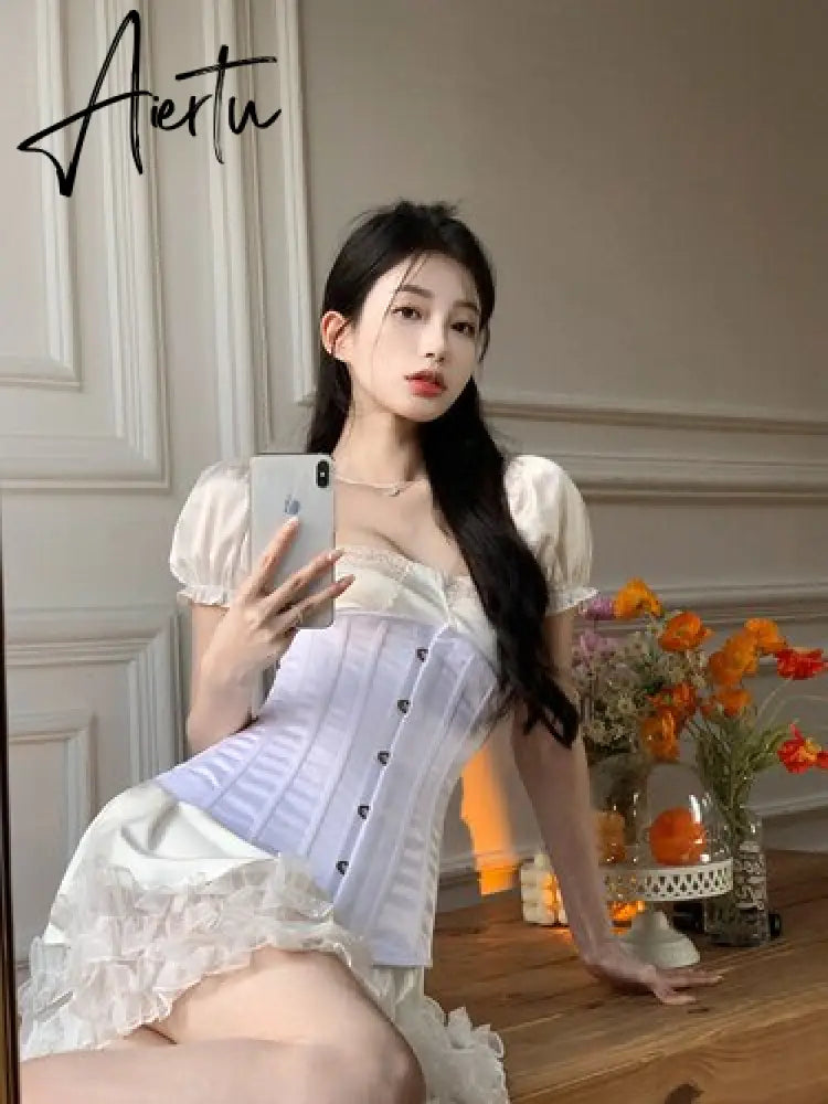 Aiertu  Y2k Dresses Korean Fashion Square Collar Short Puff Sleeve High Waist Slim Sexy Dress Elegant Patchwork Cake Vestido Feminino Aiertu