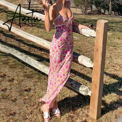 Aiertu Y2K Floral Print Lace Trim Spaghetti Strap Long Dress Elegant Bodycon Tank Dress Sleeveless Maxi Dress Summer Streetwear Aiertu
