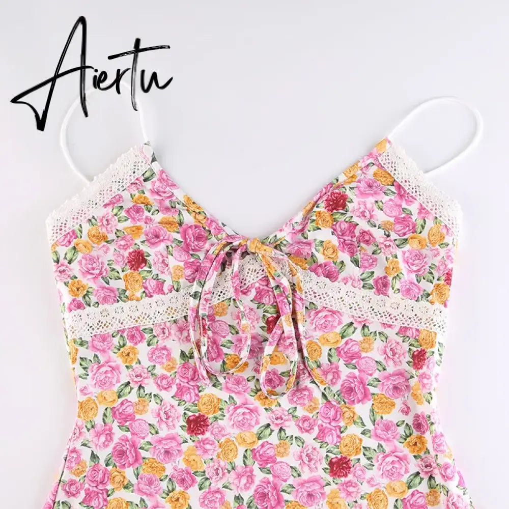 Aiertu Y2K Floral Print Lace Trim Spaghetti Strap Long Dress Elegant Bodycon Tank Dress Sleeveless Maxi Dress Summer Streetwear Aiertu
