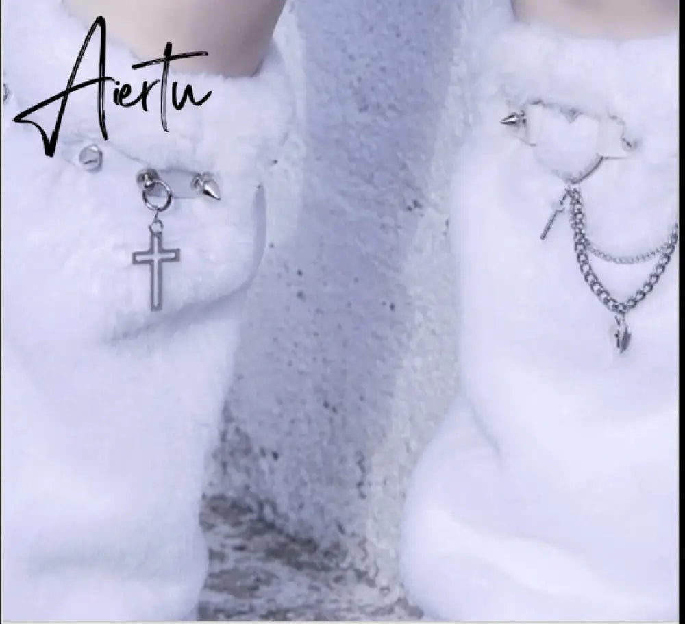 Aiertu  Y2K Girl Harajuku Punk Golita Lolita leg warmers spice Women Winter Streetwear furry studed chain cross Leg warmer leg warmers Aiertu