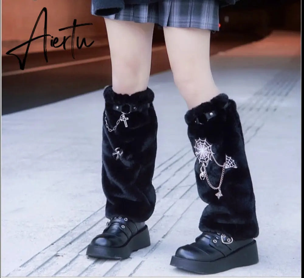 Aiertu  Y2K Girl Harajuku Punk Golita Lolita leg warmers spice Women Winter Streetwear furry studed chain cross Leg warmer leg warmers Aiertu