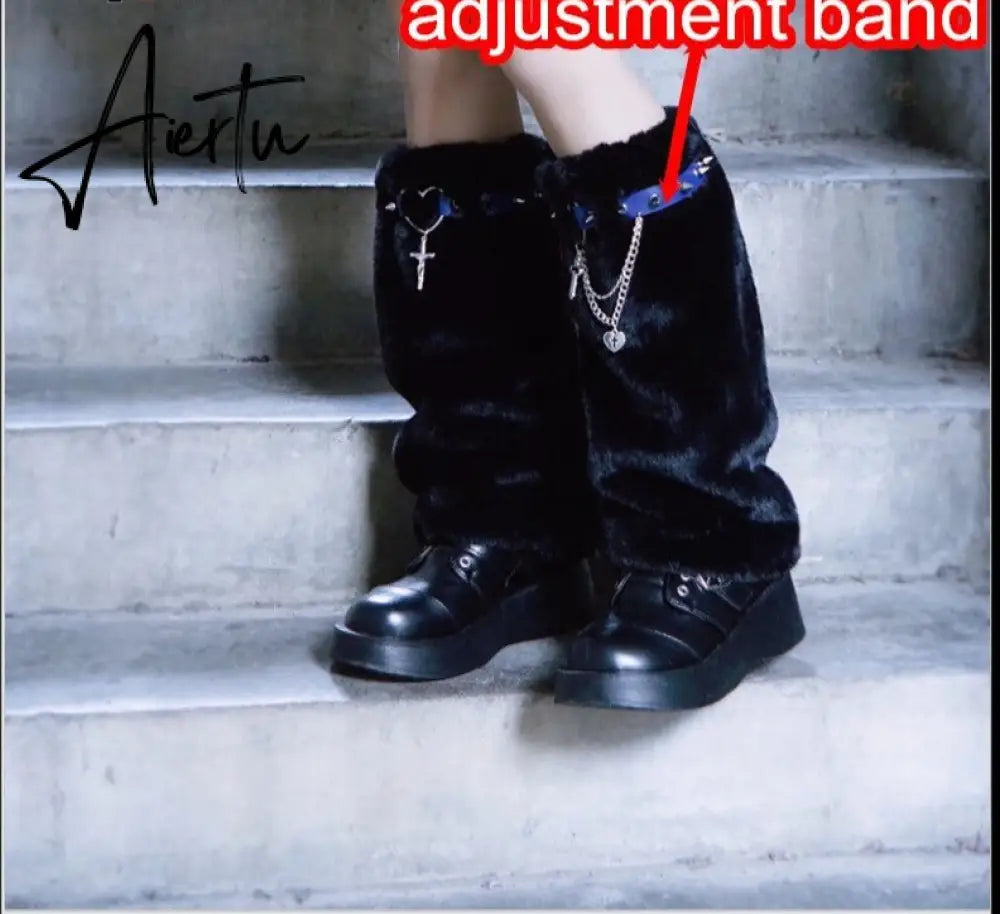 Aiertu  Y2K Girl Harajuku Punk Golita Lolita leg warmers spice Women Winter Streetwear furry studed chain cross Leg warmer leg warmers Aiertu