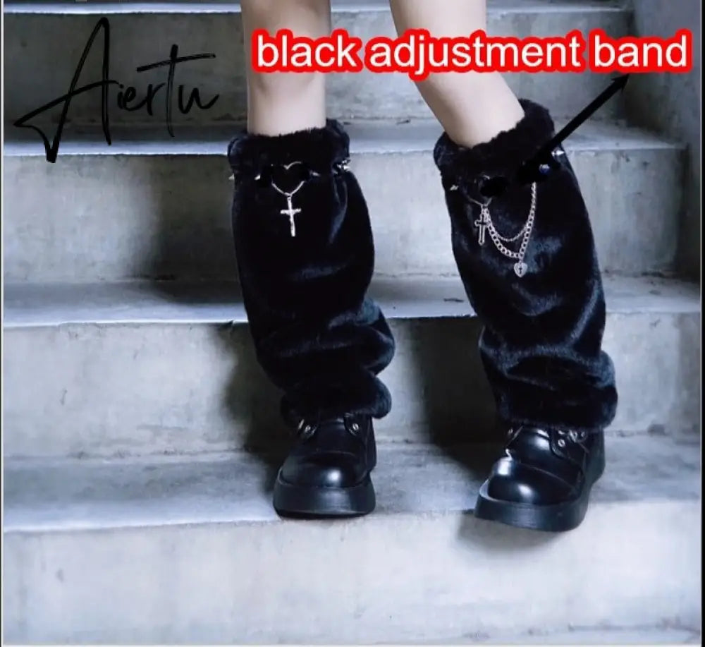 Aiertu  Y2K Girl Harajuku Punk Golita Lolita leg warmers spice Women Winter Streetwear furry studed chain cross Leg warmer leg warmers Aiertu