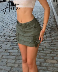 Aiertu  Y2K Grey Green Jeans Skirts Pockets Bandage Low Waisted Denim Mini Skirts Retro Zip Cute Pencil Skirts Women Korean Aiertu