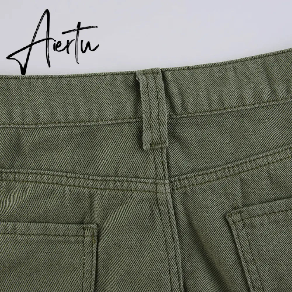 Aiertu  Y2K Grey Green Jeans Skirts Pockets Bandage Low Waisted Denim Mini Skirts Retro Zip Cute Pencil Skirts Women Korean Aiertu