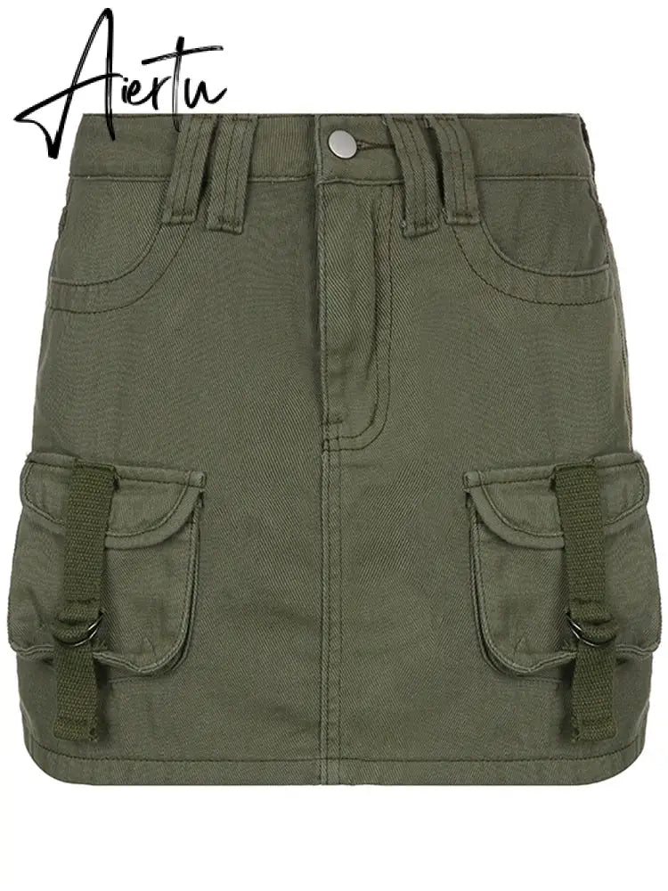 Aiertu  Y2K Grey Green Jeans Skirts Pockets Bandage Low Waisted Denim Mini Skirts Retro Zip Cute Pencil Skirts Women Korean Aiertu