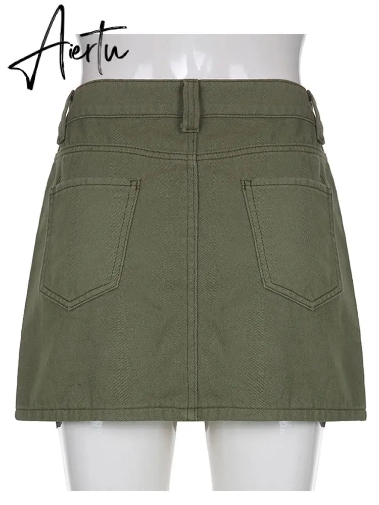 Aiertu  Y2K Grey Green Jeans Skirts Pockets Bandage Low Waisted Denim Mini Skirts Retro Zip Cute Pencil Skirts Women Korean Aiertu