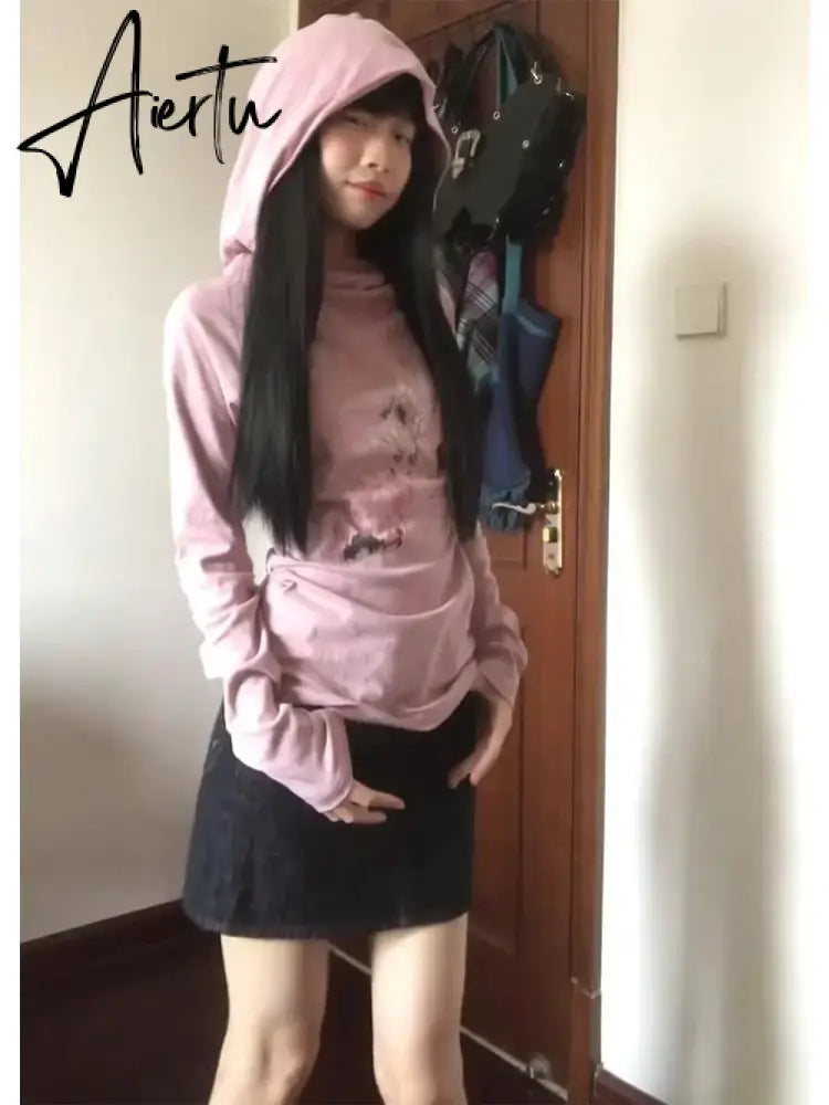 Aiertu  Y2K Grunge Graphic Long Sleeve Tshirts Women Japanese Style Aesthetic Hooded Sweatshirts Vintage 90s Streetwear Tops Aiertu