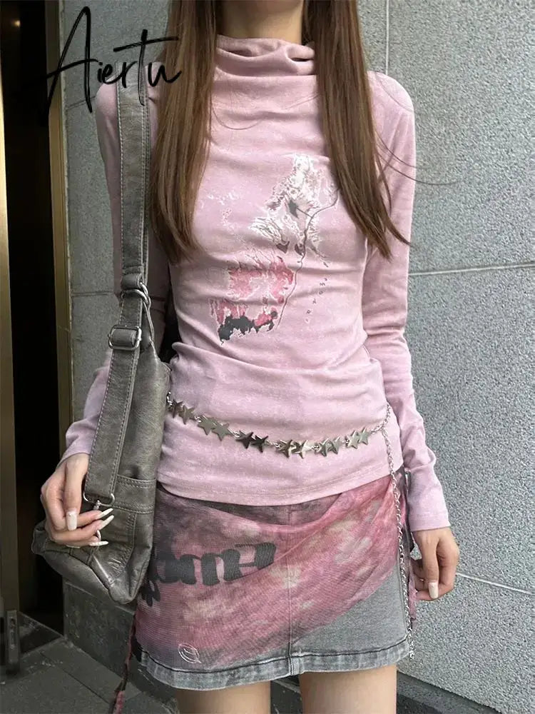 Aiertu  Y2K Grunge Graphic Long Sleeve Tshirts Women Japanese Style Aesthetic Hooded Sweatshirts Vintage 90s Streetwear Tops Aiertu