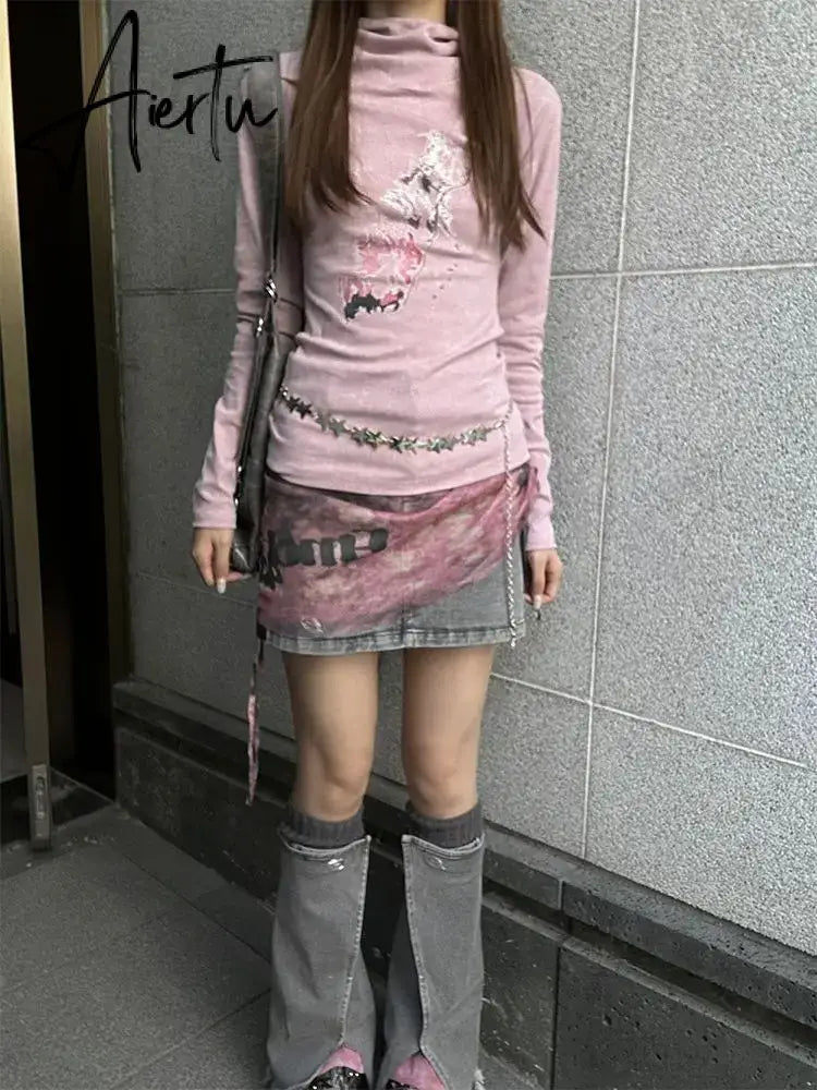 Aiertu  Y2K Grunge Graphic Long Sleeve Tshirts Women Japanese Style Aesthetic Hooded Sweatshirts Vintage 90s Streetwear Tops Aiertu