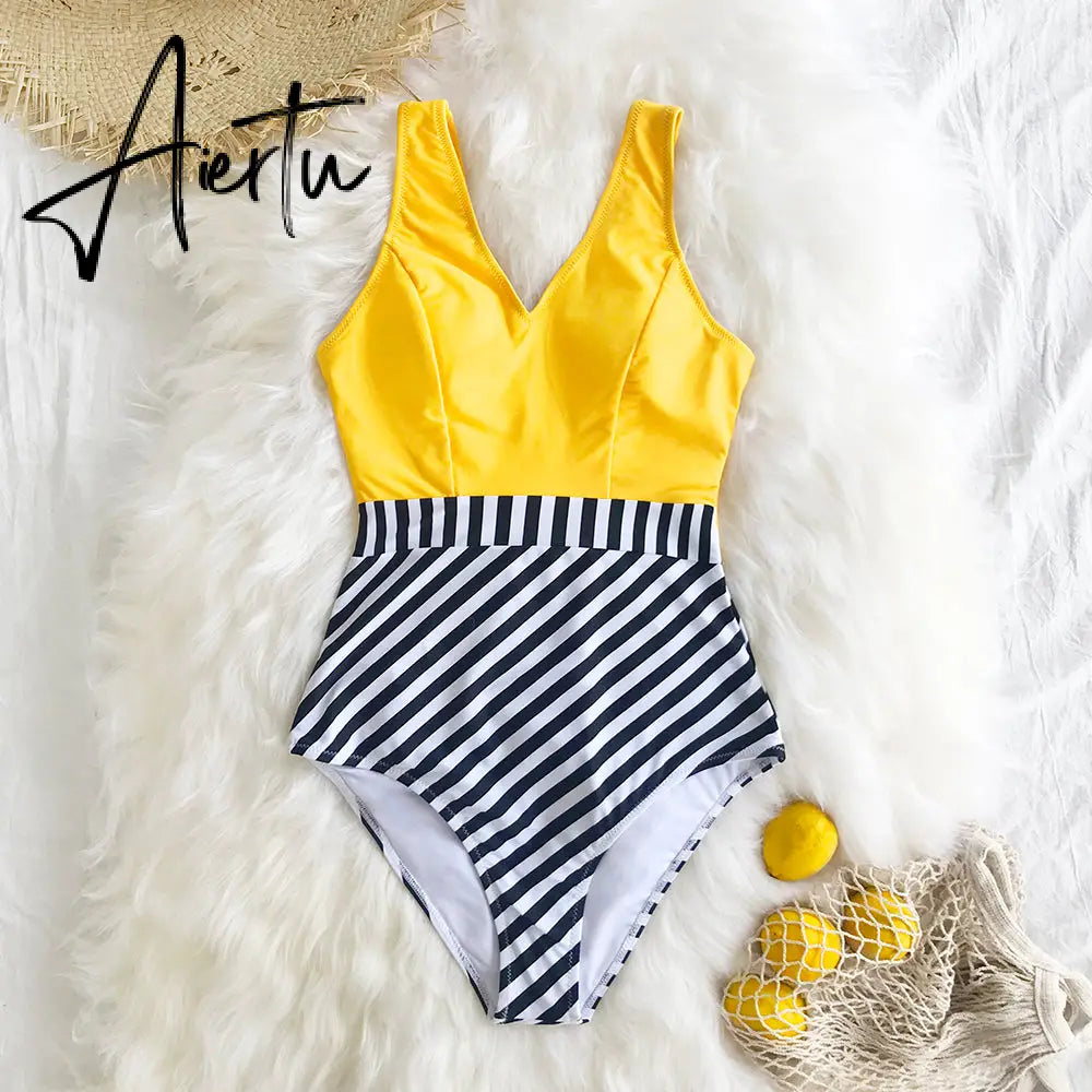 Aiertu   Yellow and Striped Patchwork One-Piece Swimsuit Sexy V-neck Women Monokini Girls Beach Bathing Suits Swimwear Aiertu