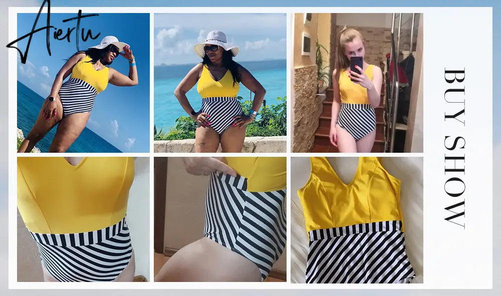 Aiertu   Yellow and Striped Patchwork One-Piece Swimsuit Sexy V-neck Women Monokini Girls Beach Bathing Suits Swimwear Aiertu