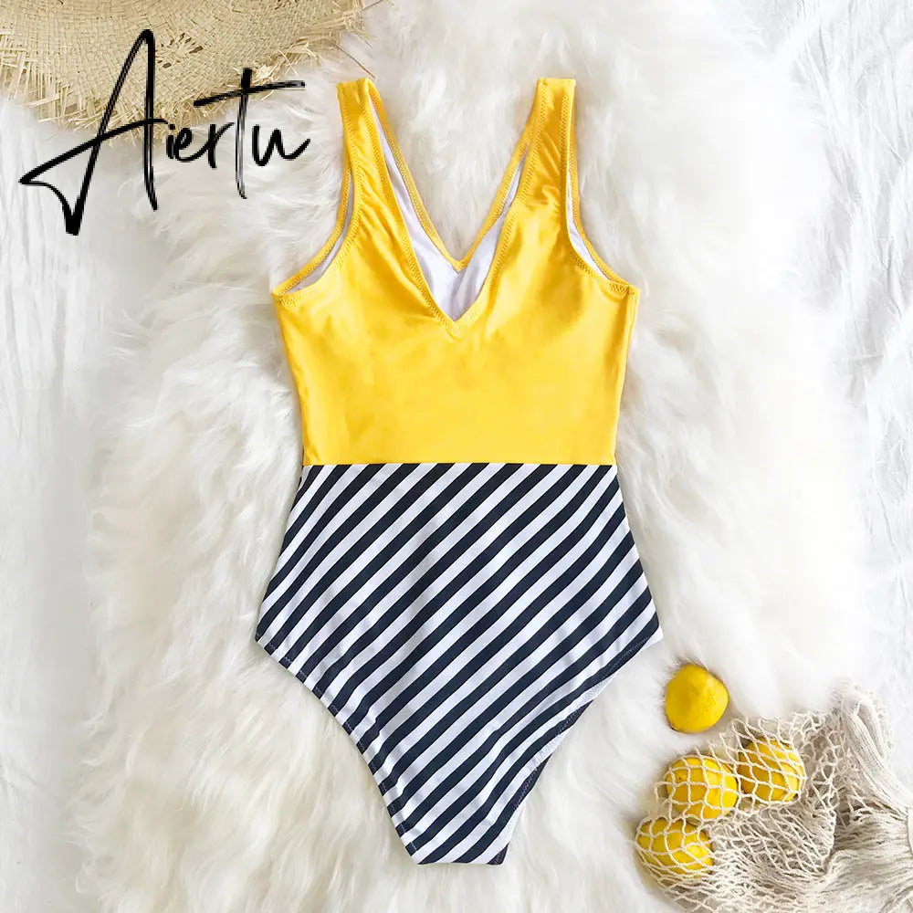 Aiertu   Yellow and Striped Patchwork One-Piece Swimsuit Sexy V-neck Women Monokini Girls Beach Bathing Suits Swimwear Aiertu