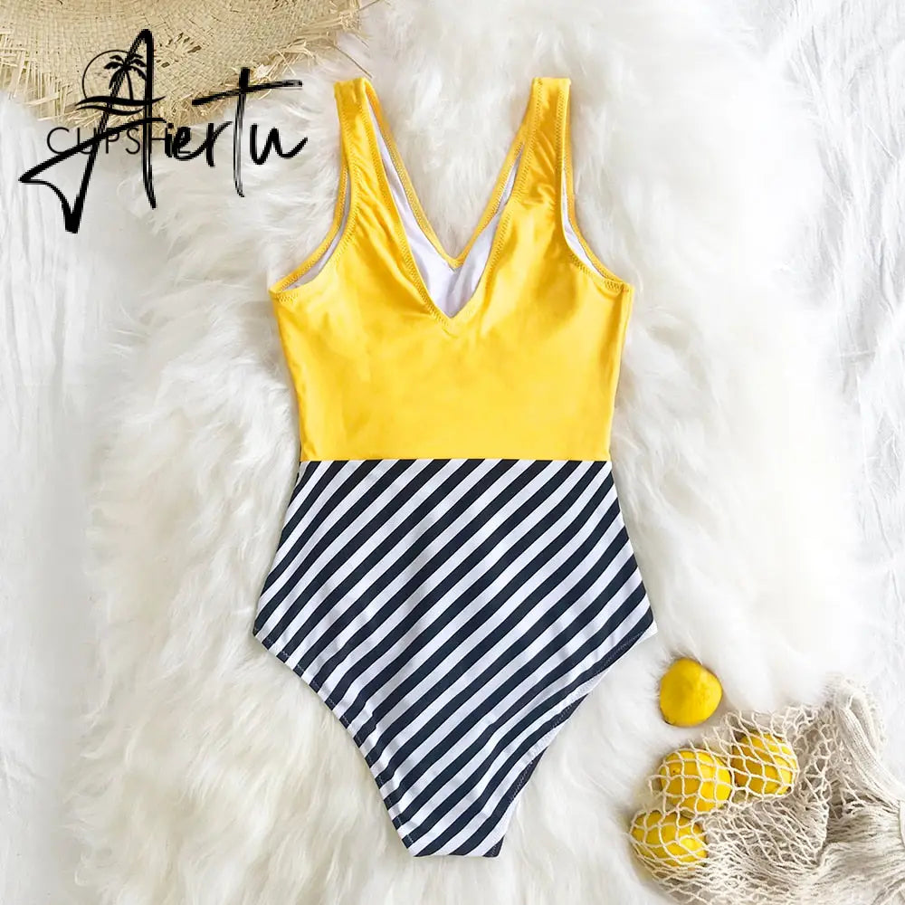 Aiertu   Yellow and Striped Patchwork One-Piece Swimsuit Sexy V-neck Women Monokini Girls Beach Bathing Suits Swimwear Aiertu