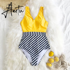 Aiertu   Yellow and Striped Patchwork One-Piece Swimsuit Sexy V-neck Women Monokini Girls Beach Bathing Suits Swimwear Aiertu