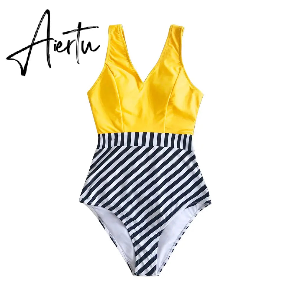 Aiertu   Yellow and Striped Patchwork One-Piece Swimsuit Sexy V-neck Women Monokini Girls Beach Bathing Suits Swimwear Aiertu