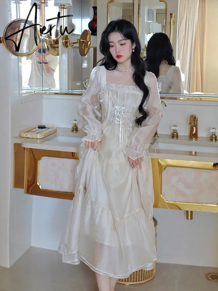Aiertu Yellow Sweet Korean Style Fairy Dress French Vintage Elegant Fairy Dress Women Summer Long Sleeve Evening Party Midi Dress Aiertu
