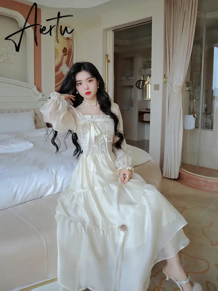 Aiertu Yellow Sweet Korean Style Fairy Dress French Vintage Elegant Fairy Dress Women Summer Long Sleeve Evening Party Midi Dress Aiertu