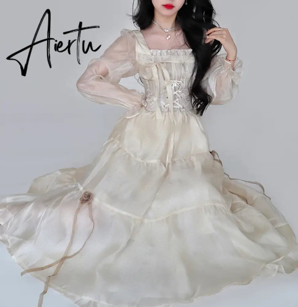 Aiertu Yellow Sweet Korean Style Fairy Dress French Vintage Elegant Fairy Dress Women Summer Long Sleeve Evening Party Midi Dress Aiertu