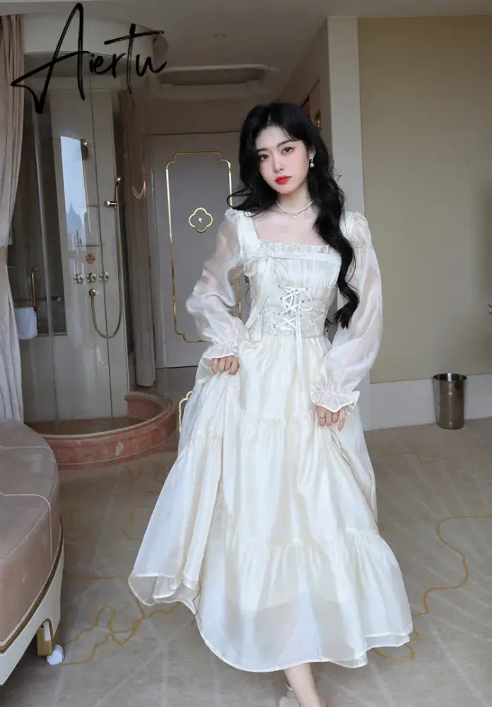 Aiertu Yellow Sweet Korean Style Fairy Dress French Vintage Elegant Fairy Dress Women Summer Long Sleeve Evening Party Midi Dress Aiertu