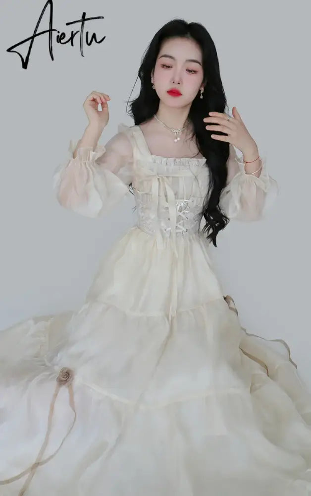 Aiertu Yellow Sweet Korean Style Fairy Dress French Vintage Elegant Fairy Dress Women Summer Long Sleeve Evening Party Midi Dress Aiertu