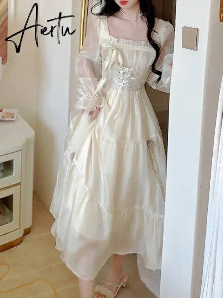 Aiertu Yellow Sweet Korean Style Fairy Dress French Vintage Elegant Fairy Dress Women Summer Long Sleeve Evening Party Midi Dress Aiertu