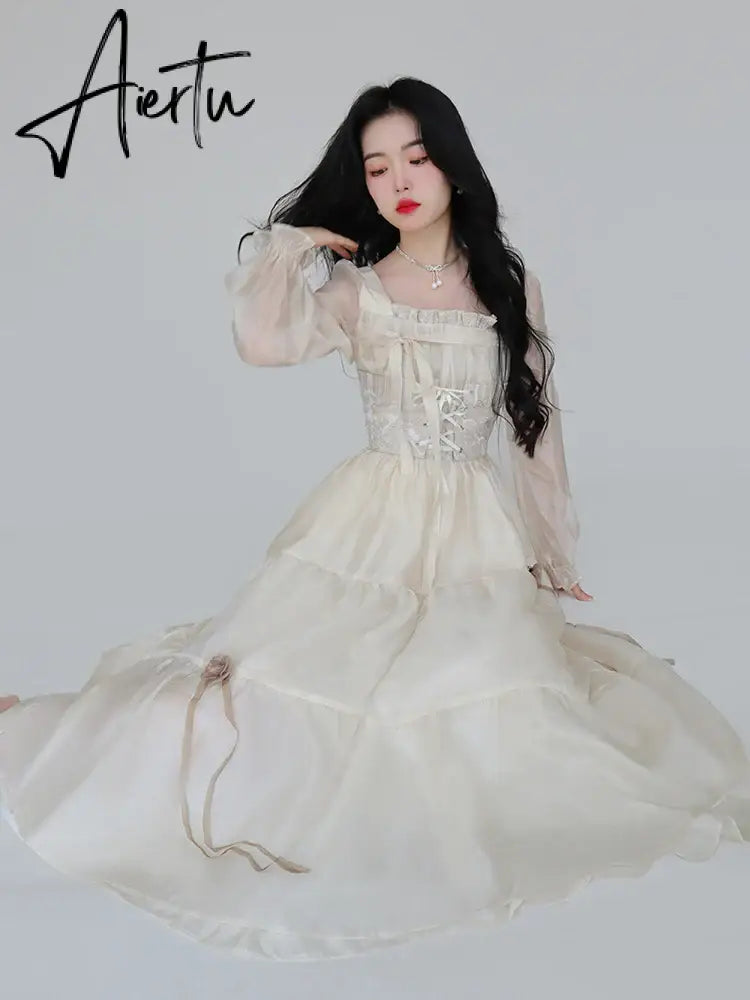 Aiertu Yellow Sweet Korean Style Fairy Dress French Vintage Elegant Fairy Dress Women Summer Long Sleeve Evening Party Midi Dress Aiertu