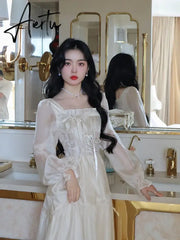 Aiertu Yellow Sweet Korean Style Fairy Dress French Vintage Elegant Fairy Dress Women Summer Long Sleeve Evening Party Midi Dress Aiertu