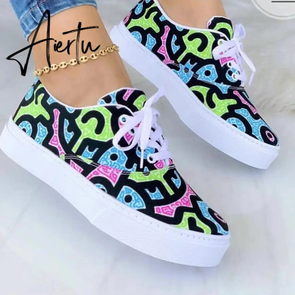 Aiertu Zebra Print Women Shoes Spring Plaid Lace-Up Sneakers Print Fashion Canvas Sneakers Light Size 43 Walking Vulcanized Shoes туфли Aiertu